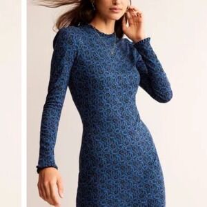 Boden Frill Detail Mini Dress UK 10 US 6 Blue Dark Floral Long Slv‎ Ruffle Neck